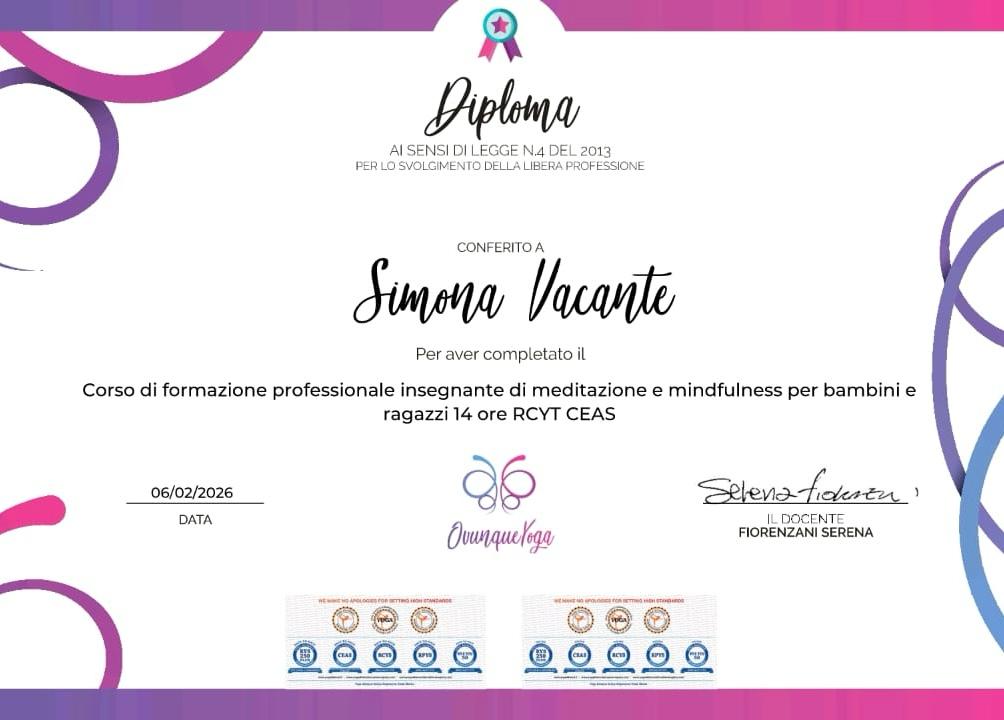 Diploma Corso di Formazione Professionale Insegnante di Meditazione e Mindfulness per Bambini e Ragazzi - Simona Vacante